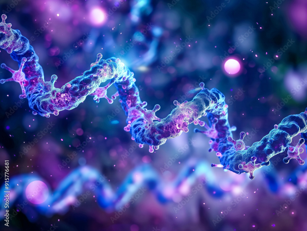 A blue and purple strand of DNA with a purple and blue background. The strand is twisted and has a lot of dots on it A blue and purple strand of DNA with a purple and blue background. The strand is twisted and has a lot of dots on it