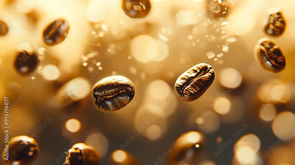 Coffee Beans Floating in a Golden Haze Coffee Beans Floating in a Golden Haze