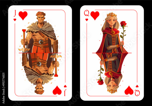 Queen of Hearts and Jack of Hearts, original playing card design on black background. Vector illustration