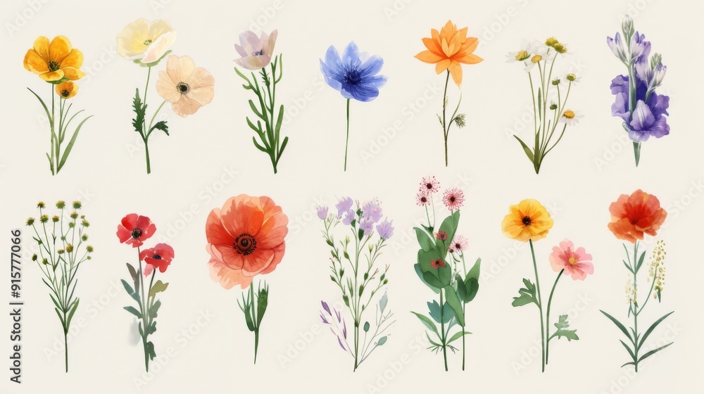 Obraz premium Set of various watercolor flowers