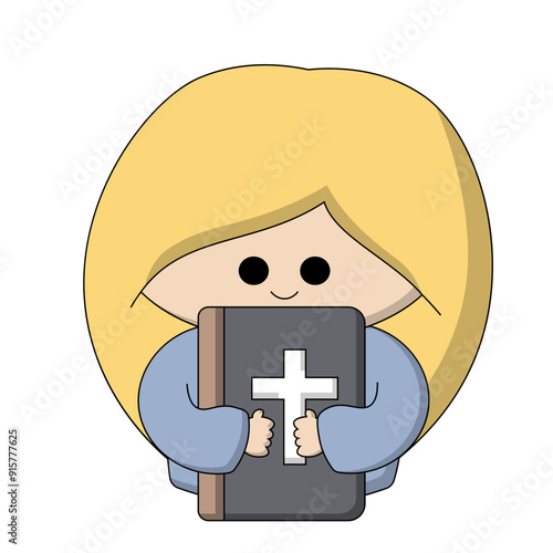 Cute cartoon girl holds bible in color