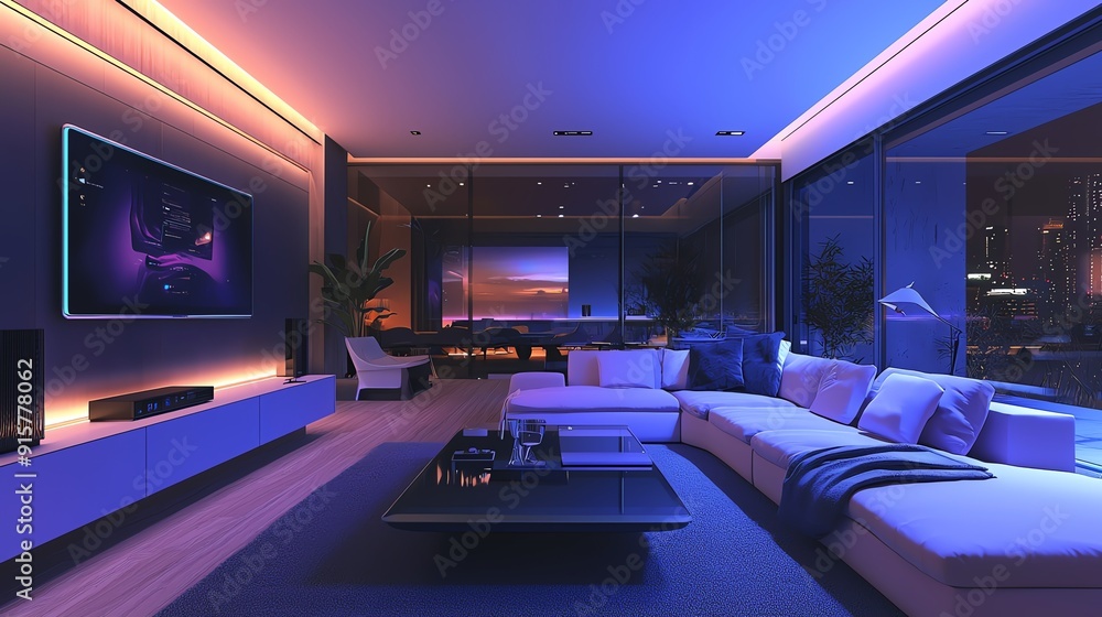 Modern living room with cozy furniture, ambient lighting, and city views, perfect for relaxation and entertainment. Modern living room with cozy furniture, ambient lighting, and city views, perfect for relaxation and entertainment.