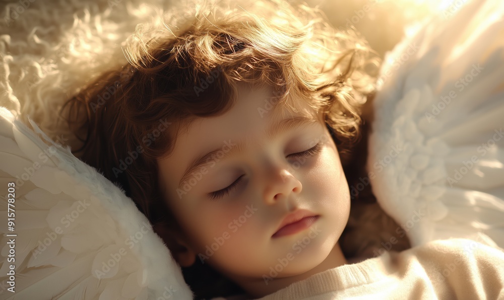 A child is sleeping with angel wings on. The child is wearing a white shirt and has brown hair A child is sleeping with angel wings on. The child is wearing a white shirt and has brown hair