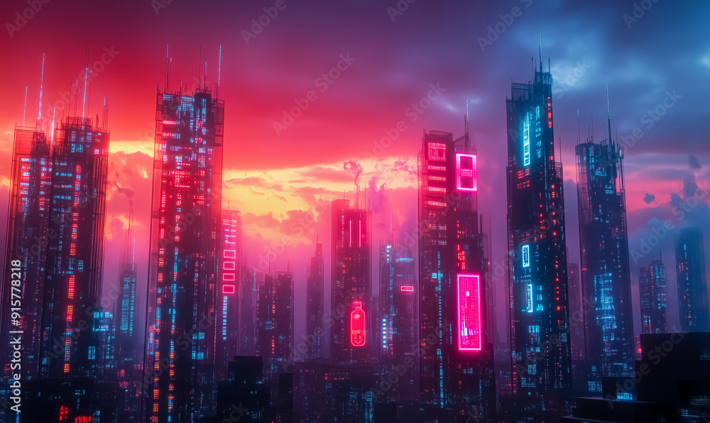 Fototapeta premium A cityscape with neon lights and a red sky. Scene is vibrant and energetic