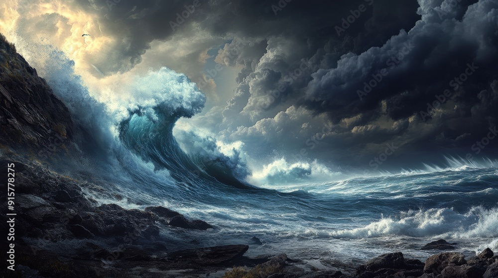 Fototapeta premium Massive ocean wave crashing against a rocky coastline under dark dramatic storm clouds during a tempest.