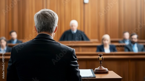 A courtroom scene with a lawyer presenting their case from a podium, facing the judge