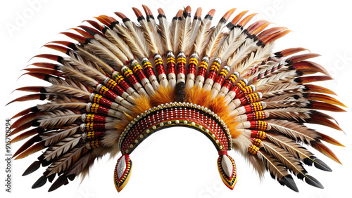 Traditional native american feather headdress, png transparent background