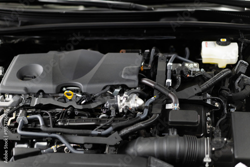 View under the car hood, showing engine components. photo