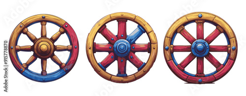 Three wooden wheels, different color schemes, blue, red, yellow cartoon illustration, generative ai
