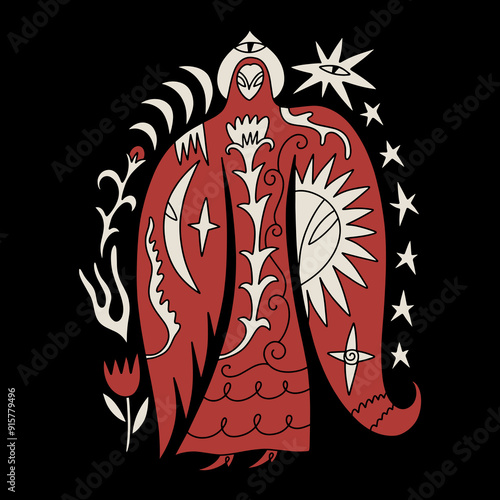 Whimsical alkonost syrin folk slavic mythology bird woman character. Fairytale vector illustration, hand-drawn magic boho esoteric fairy book illustration clipart art