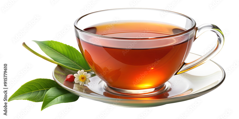 Glass cup of black tea with green leaves and flowers, transparent background Glass cup of black tea with green leaves and flowers, transparent background