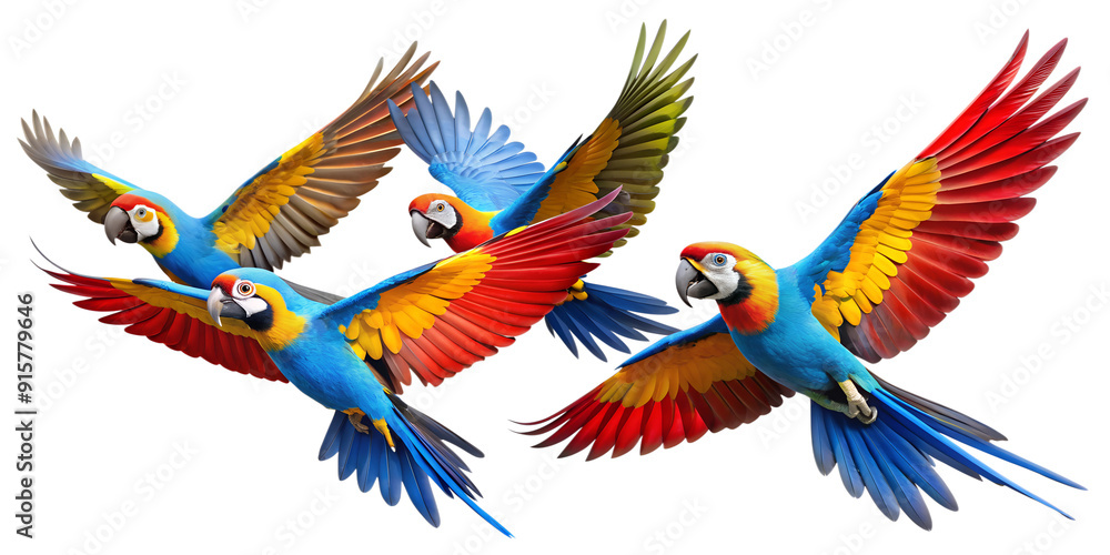 Obraz premium Flying macaw parrots with vibrant colorful feathers, transparent background