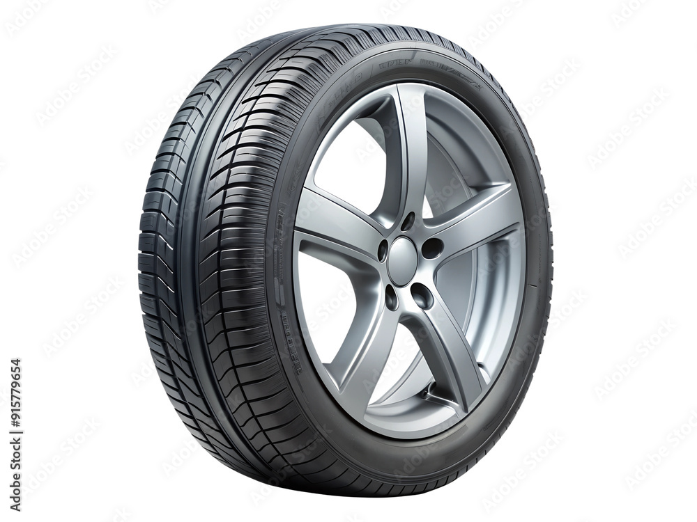 Isolated car tire with silver alloy wheel, transparent background Isolated car tire with silver alloy wheel, transparent background