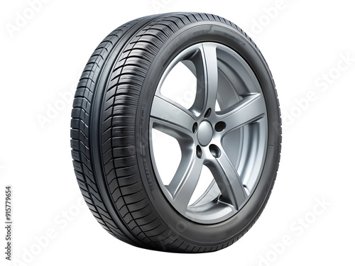 Isolated car tire with silver alloy wheel, transparent background