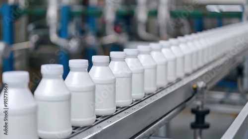 White plastic bottles on a conveyor belt in a factory, highlighting automation, production, and industrial manufacturing processes.