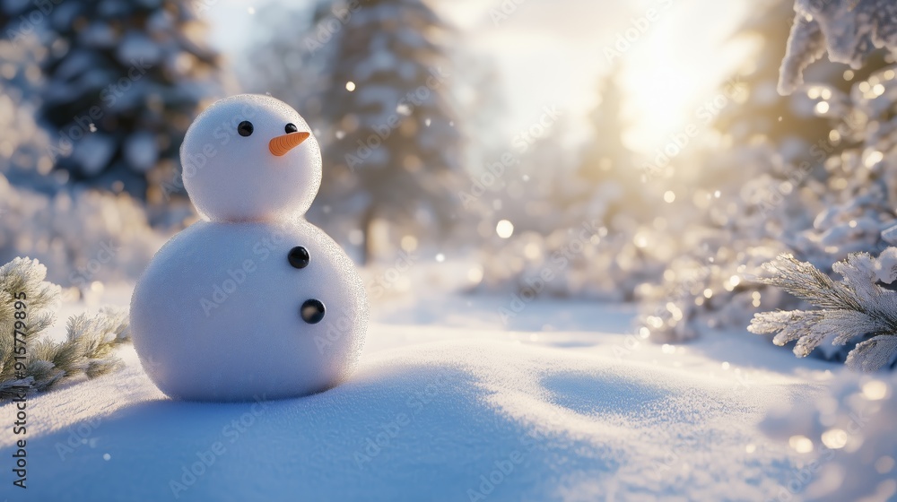 A cheerful snowman stands in a snowy forest during a bright winter morning A cheerful snowman stands in a snowy forest during a bright winter morning
