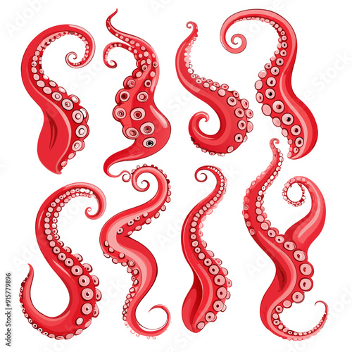 Red octopus or kraken tentacles with suckers realistic set (1)