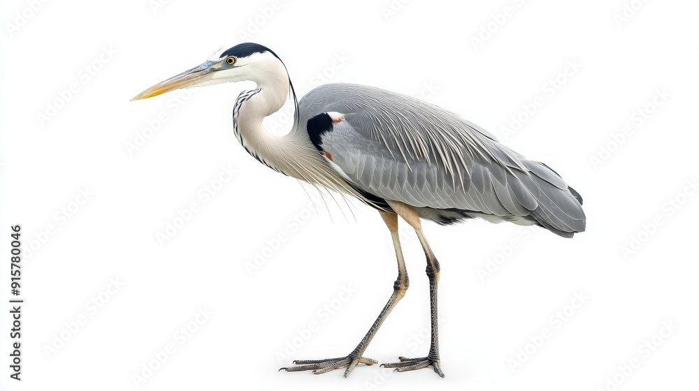 A heron standing gracefully with a white background. A heron standing gracefully with a white background.