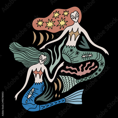 Cartoon coloring redhead mermaid princess, boho character red hair girl mascot groovy whimsical flat art. Doodle stellar celestial details. Hand-drawn mystical bohemian composition. Mythology totem