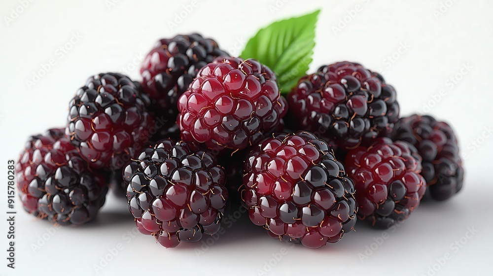 A cluster of ripe blackberries with a green leaf, showcasing their juicy texture and color. A cluster of ripe blackberries with a green leaf, showcasing their juicy texture and color.