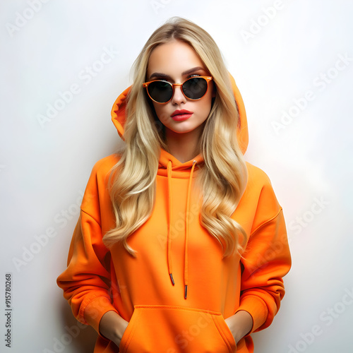 young confident blonde girl wearing trendy orange