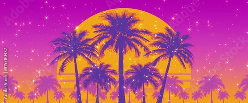 Summer palms sunset. Synthwave widescreen background. Gradient retro colors