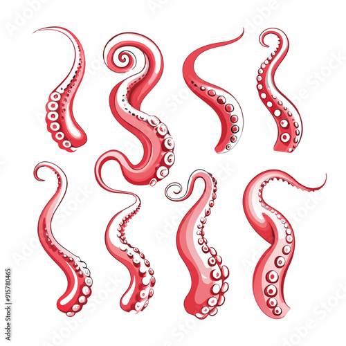 Red octopus or kraken tentacles with suckers realistic set (4)