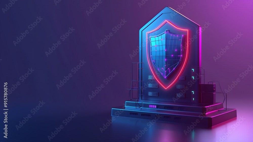 Fototapeta premium Futuristic shield and server, neon lights, cybersecurity concept, digital protection, data security, modern technology, 3D illustration.