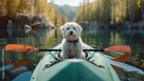 A white dog sitting in a kayak on a lake