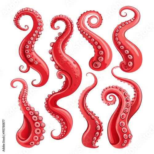 Red octopus or kraken tentacles with suckers realistic set (6)