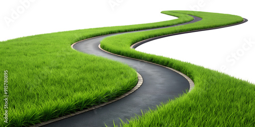 Curving path with green grass, isolated against transparent background