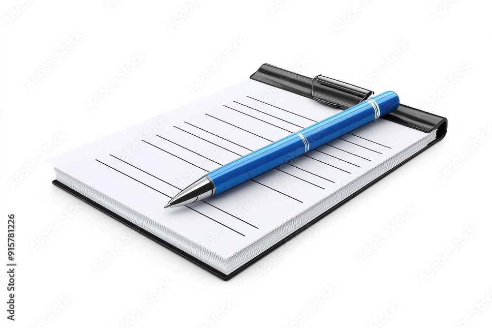 A neatly organized notebook with a blue pen resting on top on white background. A neatly organized notebook with a blue pen resting on top on white background.