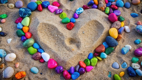 Colorful Pebbles Forming a Heart Shape in Sand photo