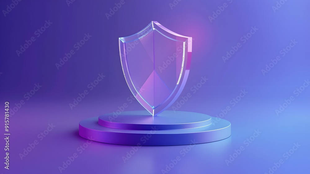 Futuristic transparent shield on a podium with purple lighting. Concept of digital security, protection, and technology innovation. Futuristic transparent shield on a podium with purple lighting. Concept of digital security, protection, and technology innovation.