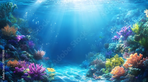 Fototapeta Naklejka Na Ścianę i Meble -  Underwater Scene with Vibrant Coral Reef and Sunbeams