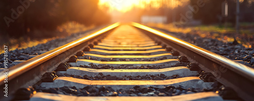 Close-up of a railway track during sunset with a warm, glowing light reflecting off the rails photo