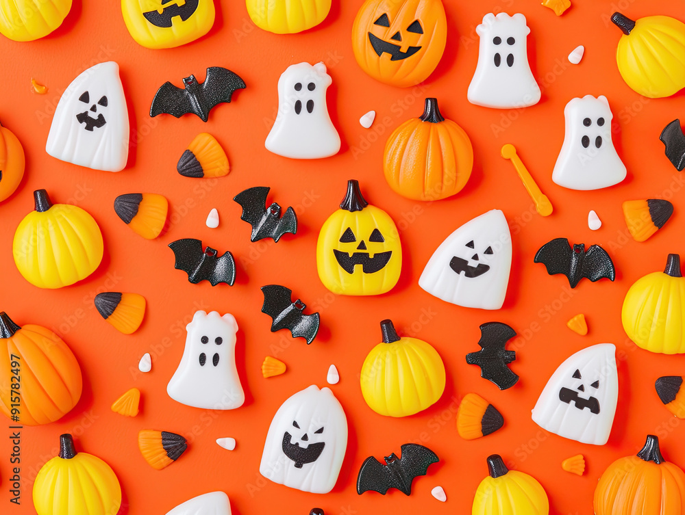 Candy Halloween flat lay with jack-o-lanterns, candy corn, ghosts, and bats Candy Halloween flat lay with jack-o-lanterns, candy corn, ghosts, and bats