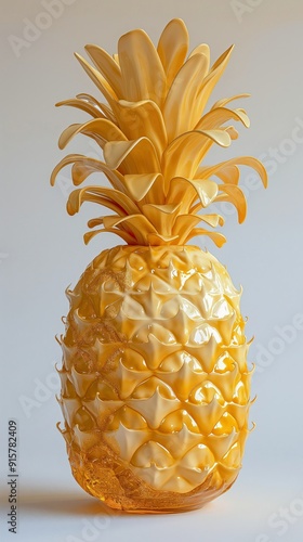 Ceramic pineapple figurine on plain background. Home decor and tropical themed interior design. Image for gift shops, kitchenware, and retro style accessories.  photo