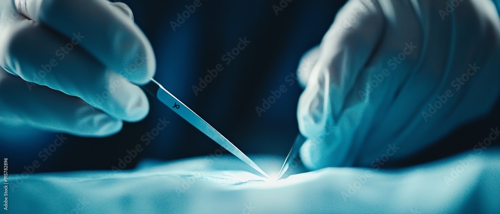 A close-up view of a surgeon's hands performing a delicate procedure with precision instruments in a sterile environment. A close-up view of a surgeon's hands performing a delicate procedure with precision instruments in a sterile environment.