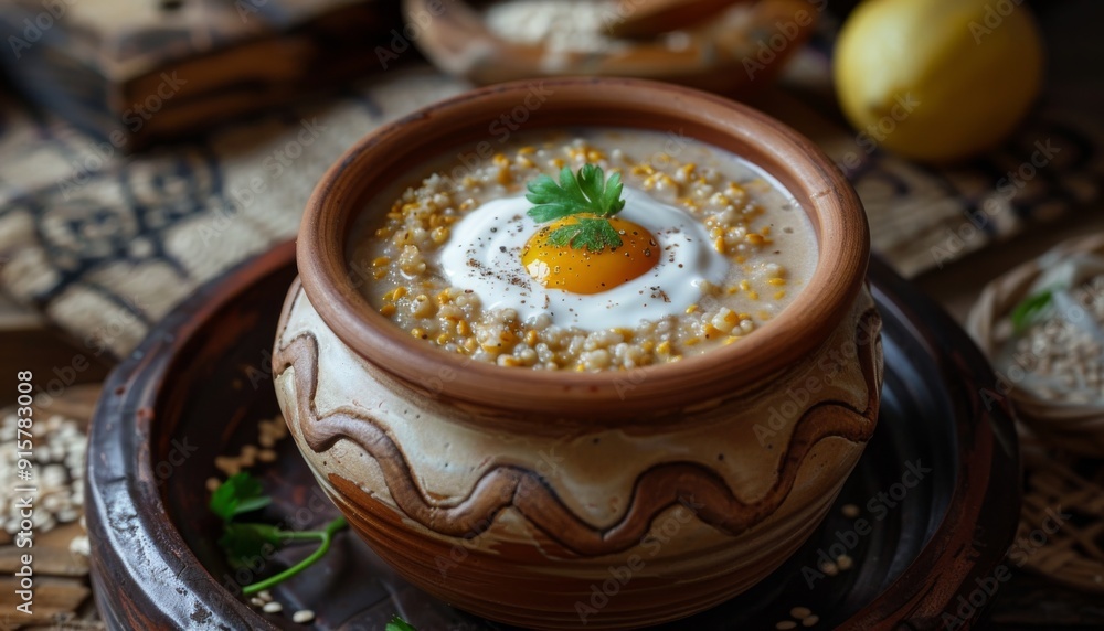 Rustic clay pot with hearty buckwheat and a dollop of fresh milk, embodying comfort food Rustic clay pot with hearty buckwheat and a dollop of fresh milk, embodying comfort food