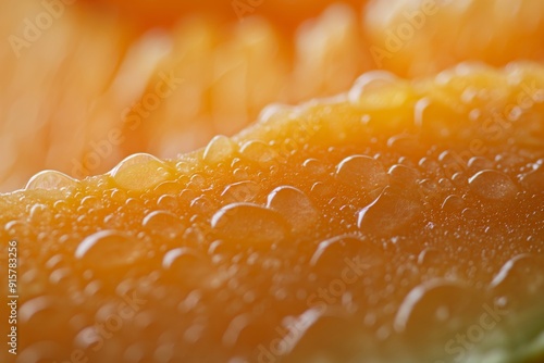 Melon slice close up. Macro view of juicy orange fruit. Fresh and healthy food concept. Image for culinary and fruit market advertising. Detailed texture.