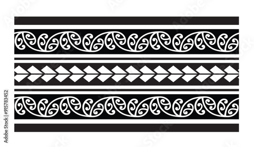 Polynesian tattoo design tribal border. Tribal design ethnic ornament maori band. Samoan Tattoo ribbon sleeve bracelet. Fabric seamless isolated hawaiian armband pattern on white background.