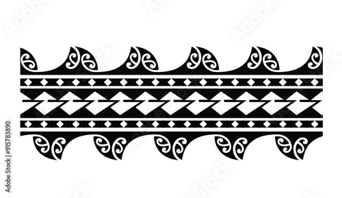 Polynesian tattoo design tribal border. Tribal design ethnic ornament maori band. Samoan Tattoo ribbon sleeve bracelet. Fabric seamless isolated hawaiian armband pattern on white background.