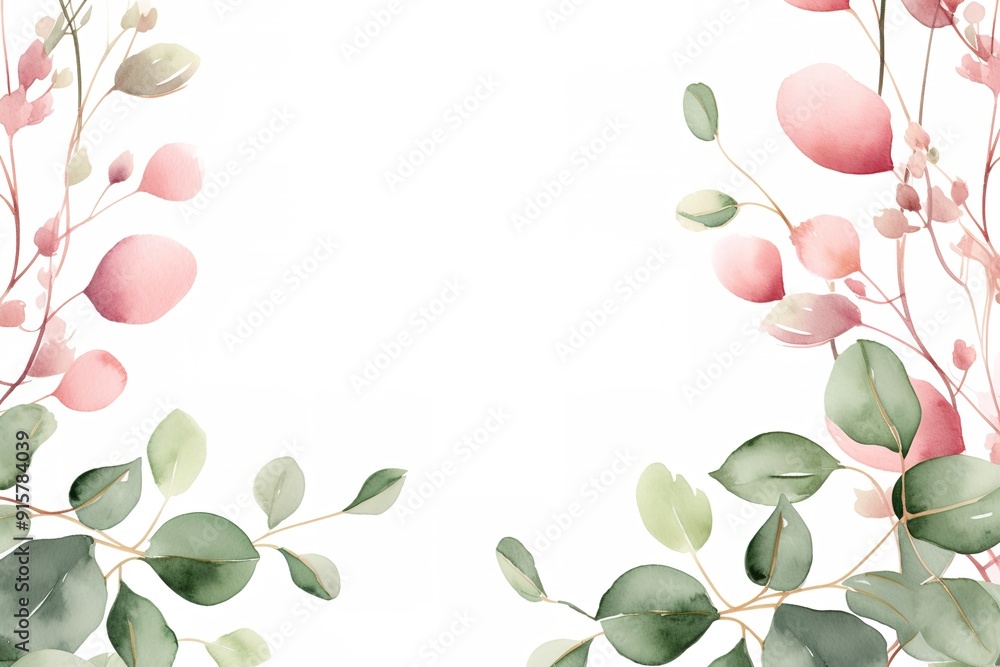 Watercolor illustration of green leaves and pink flowers on a white background, perfect for invitations, greeting cards, and more. Watercolor illustration of green leaves and pink flowers on a white background, perfect for invitations, greeting cards, and more.