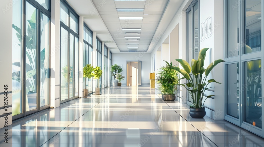 Modern Office Hallway with Sunlight and Plants Modern Office Hallway with Sunlight and Plants