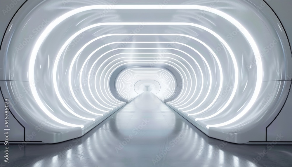 Sleek white and silver 3D room tunnel illuminated by futuristic neon lights, showcasing a modern Sleek white and silver 3D room tunnel illuminated by futuristic neon lights, showcasing a modern