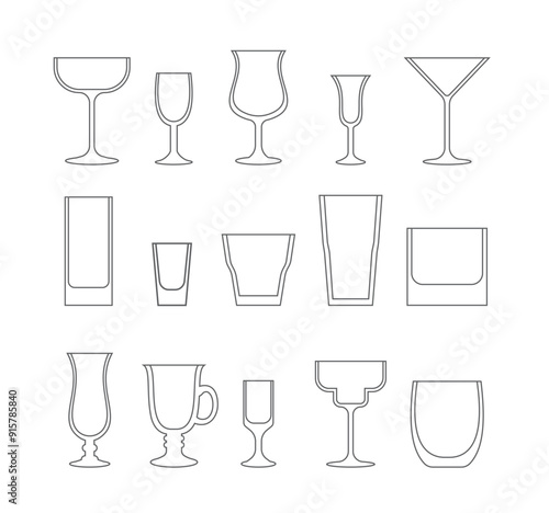 contour set of drawn simple flat different glasses for cocktails and drinks.eps
