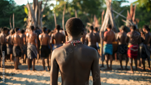 Korowai Tribe Spiritual Rituals in Papua New Guinea: Evening Sunlight Behind Ritual Participant, Blurred Background, AI-Generated Photorealistic Image with Zoom Distance photo