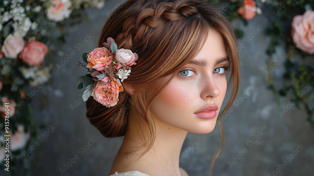 A telephoto angle photo of an asymmetrical updo with a side braid and floral accents, with copy space A telephoto angle photo of an asymmetrical updo with a side braid and floral accents, with copy space