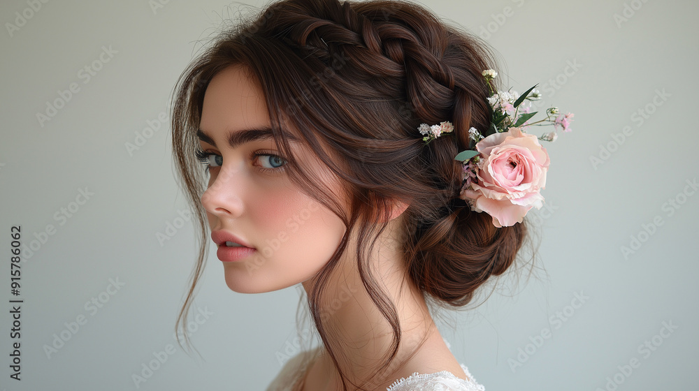 A telephoto angle photo of an asymmetrical updo with a side braid and floral accents, with copy space A telephoto angle photo of an asymmetrical updo with a side braid and floral accents, with copy space